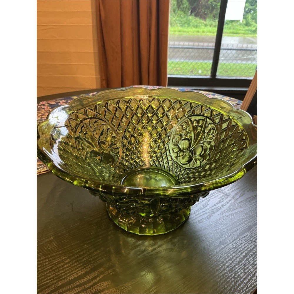 Vintage Fenton 10" Fruit & Diamond Green Avocado Footed Bowl MCM